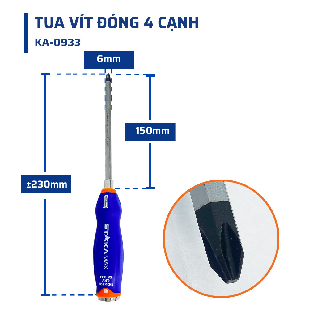 Thông số kỹ thuật chi tiết tua vít đóng 4 cạnh 6x150 STAKAMAX