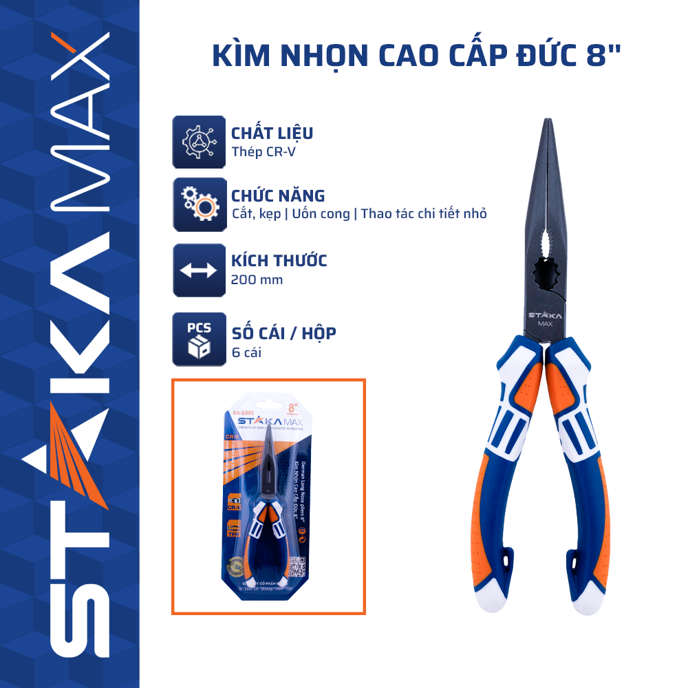 Kìm Nhọn Cao Cấp Đức 8” STAKAMAX (6C/H, 60C/T)-N1 – Cái (CR-V) – Công Cụ Kẹp Cắt Chuyên Nghiệp