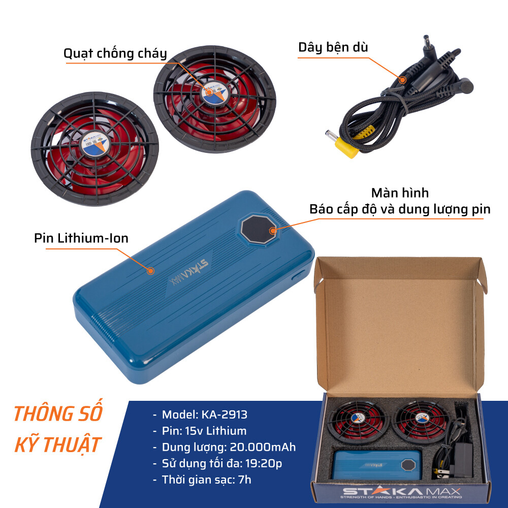 Thông số kỹ thuật chi tiết bộ pin quạt áo điều hoà STAKA