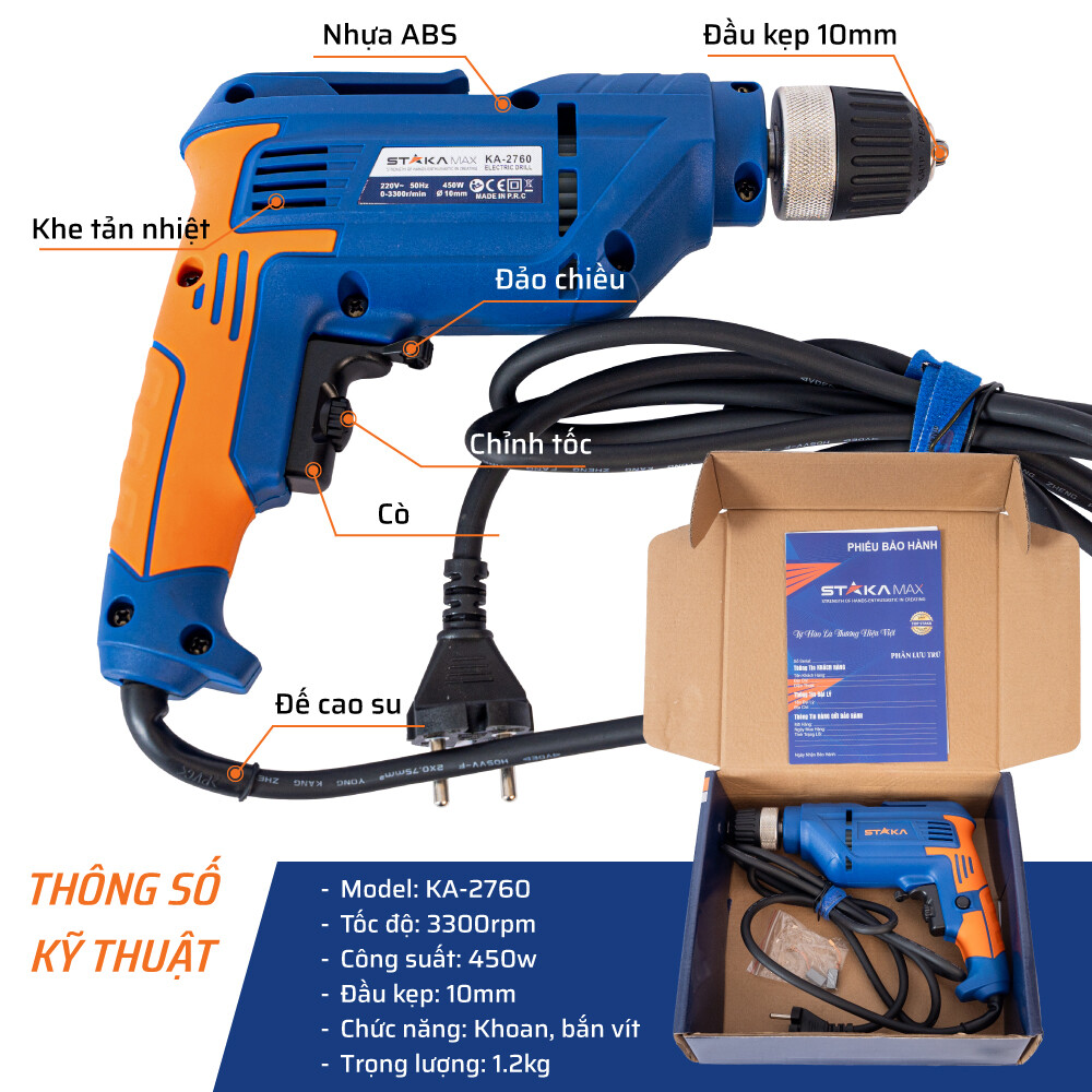 Thông số chi tiết máy khoan điện đầu 10mm 450W STAKA