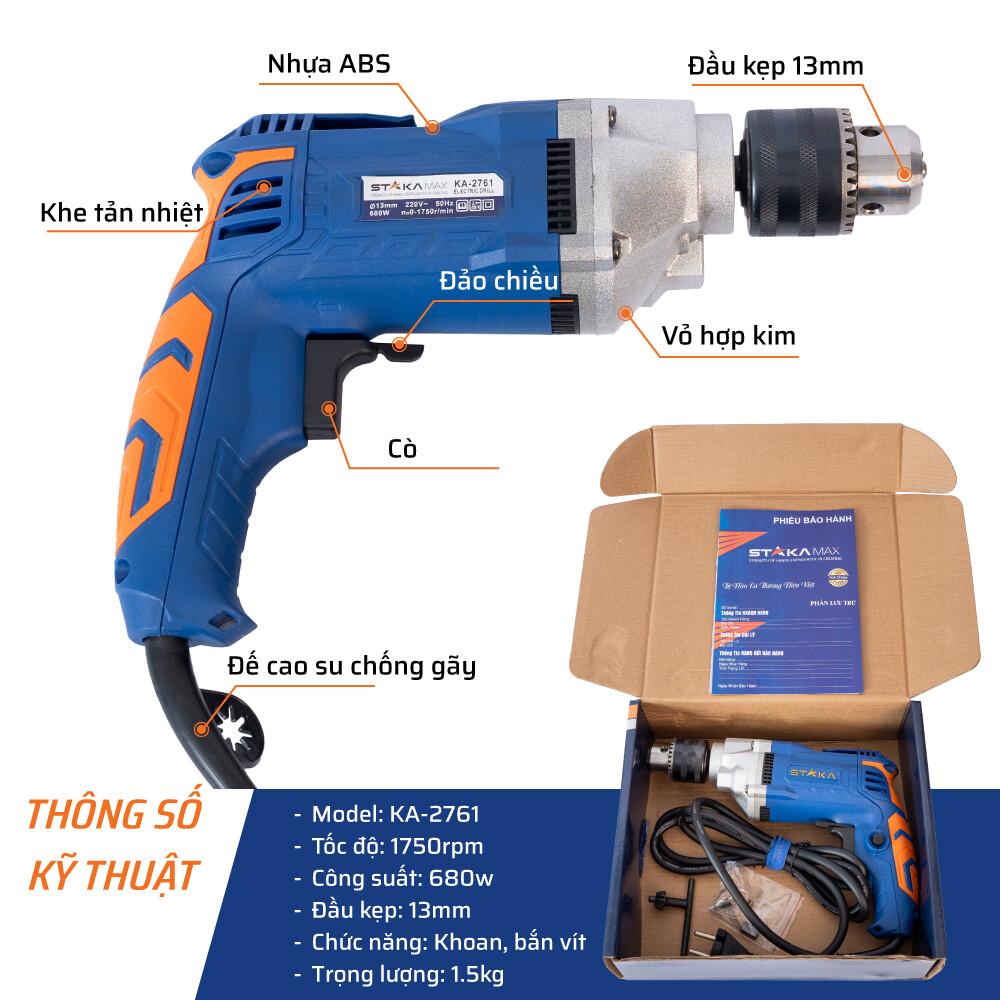 Thông số chi tiết máy khoan điện đầu 13mm 680W STAKA