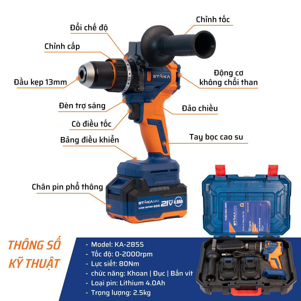 Thông số kỹ thuật máy khoan pin từ 80N.m đầu 13mm STAKA