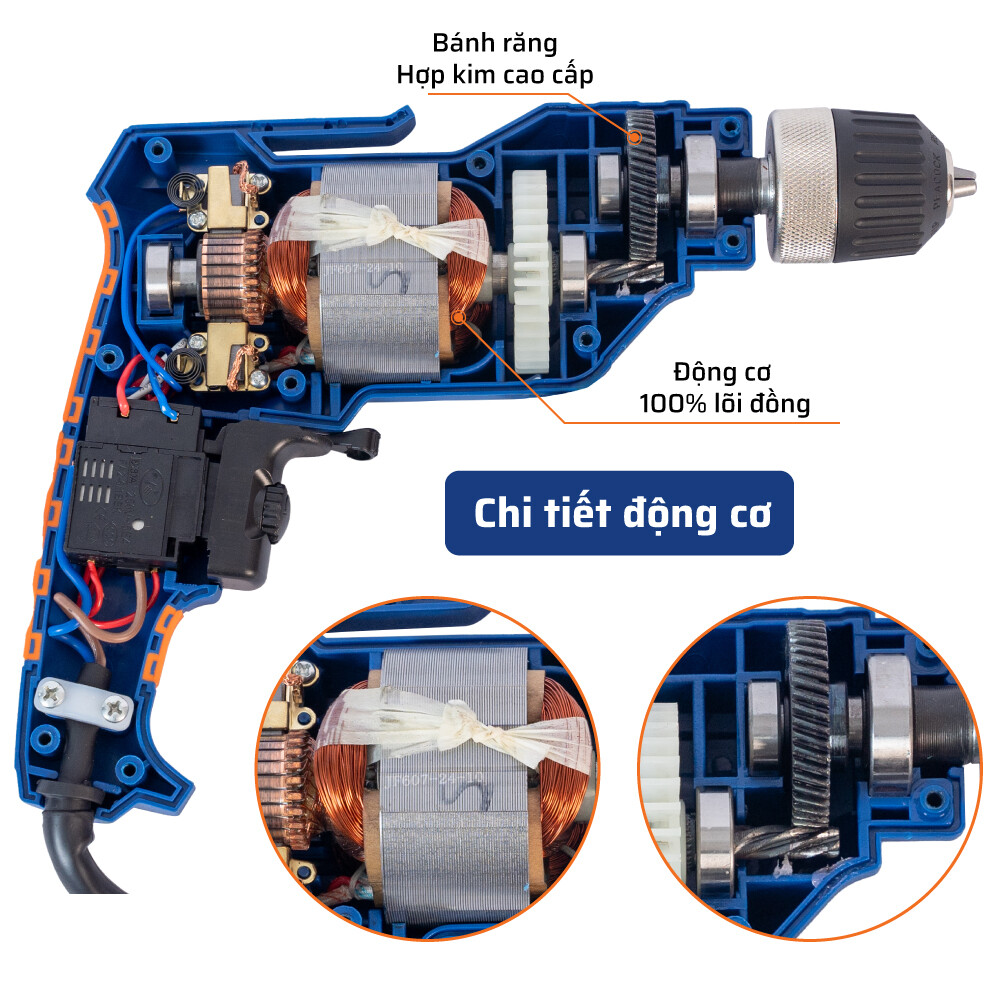 Cấu tạo bên trong (động cơ) máy khoan điện đầu 10mm 450W STAKA