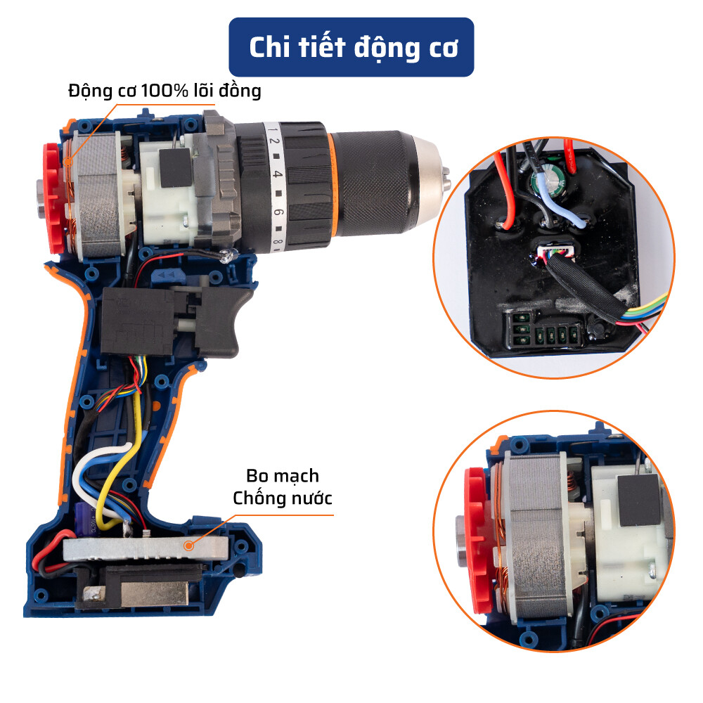Cấu tạo bên trong ( động cơ) máy khoan pin từ 80N.m đầu 13mm STAKA