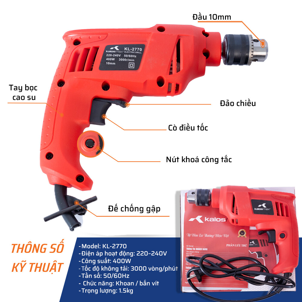 Thông số kỹ thuật chi tiết của máy khoan điện đầu 10mm - 400W KALOS MAX