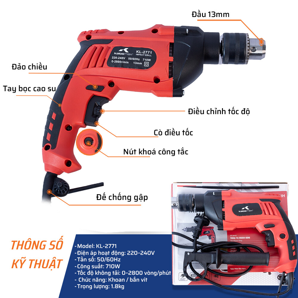 Thông số chi tiết máy khoan điện đầu 13mm 710W KALOS Max