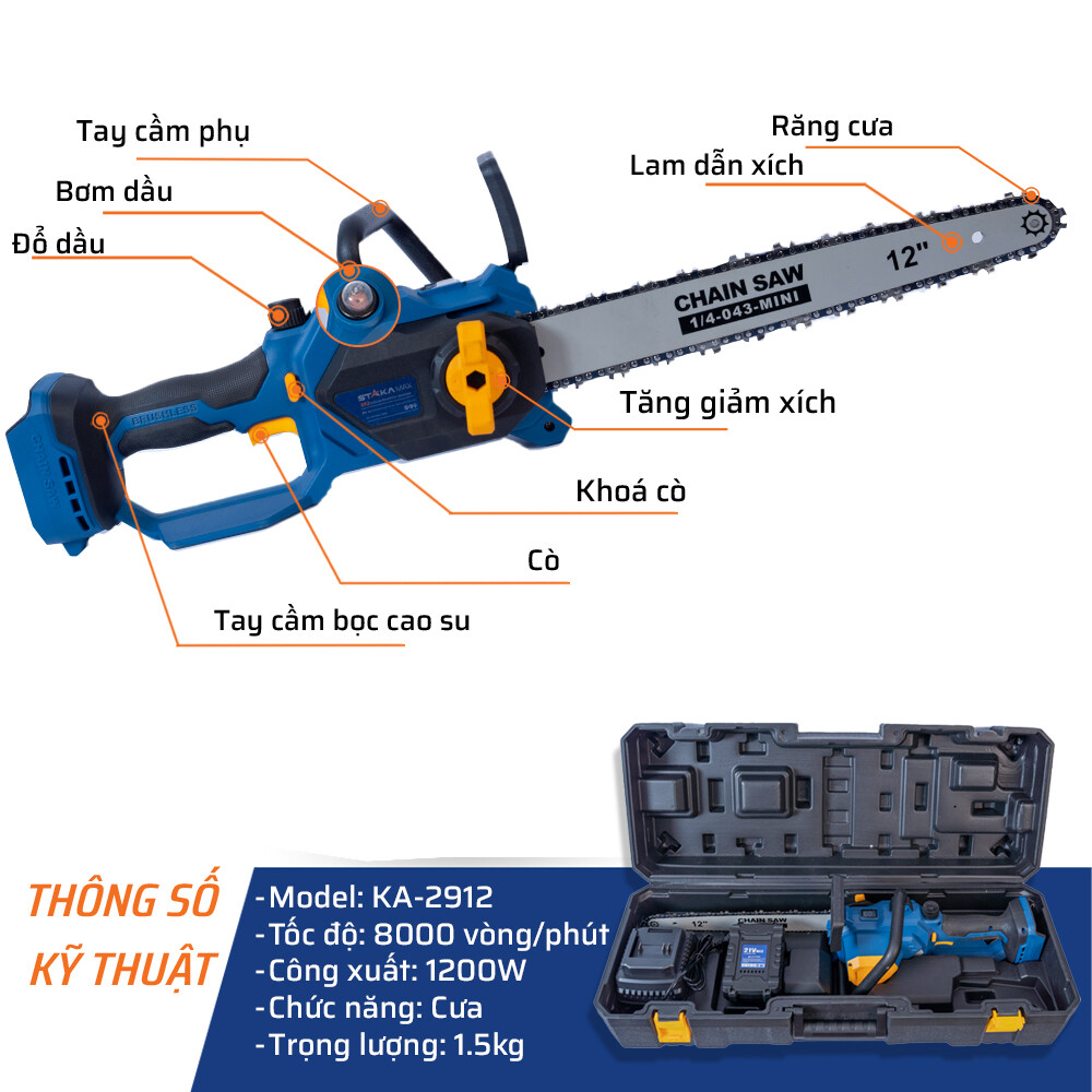 Thông số kỹ thuật máy cưa xích pin 12" STAKA