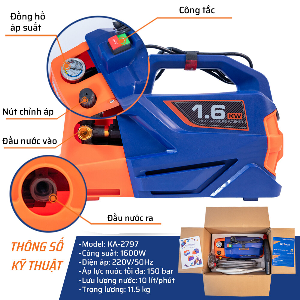 Thông số kỹ thuật ( cấu tạo bên ngoài) máy rửa xe chỉnh áp 1600W STAKA
