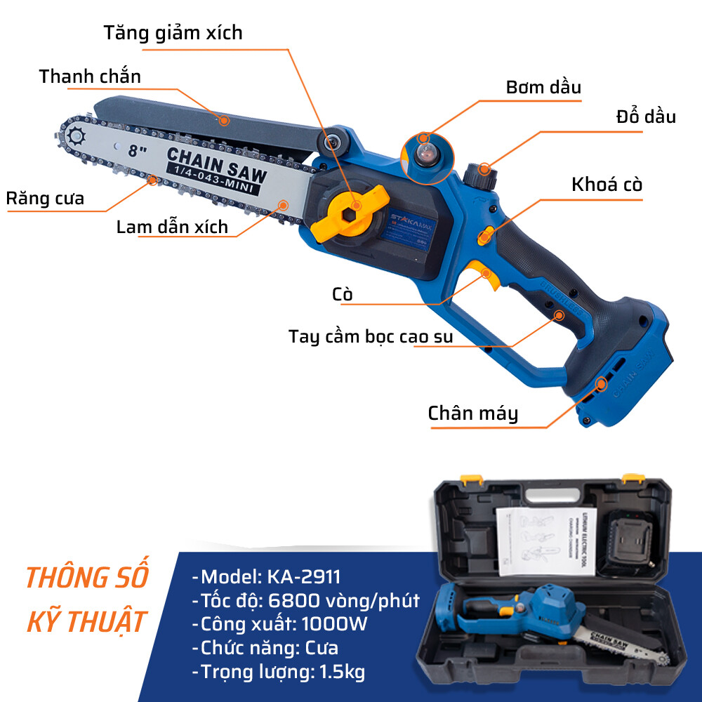 Thông số kỹ thuật máy cưa xích pin 8'' STAKA