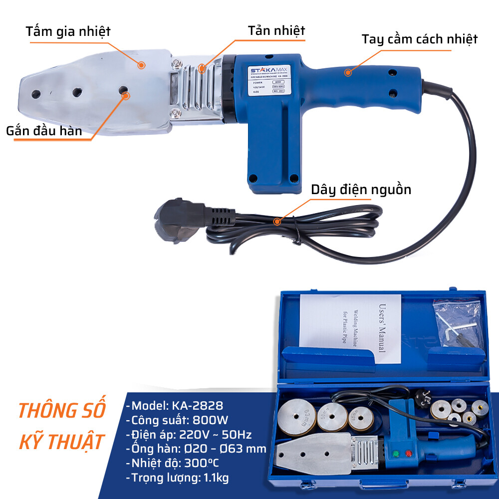 Thông số máy hàn ống nhiệt 20-63mm 800W STAKA