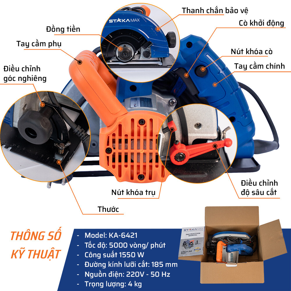Thông số kỹ thuật máy cắt gỗ 1550W/185mm STAKA 
