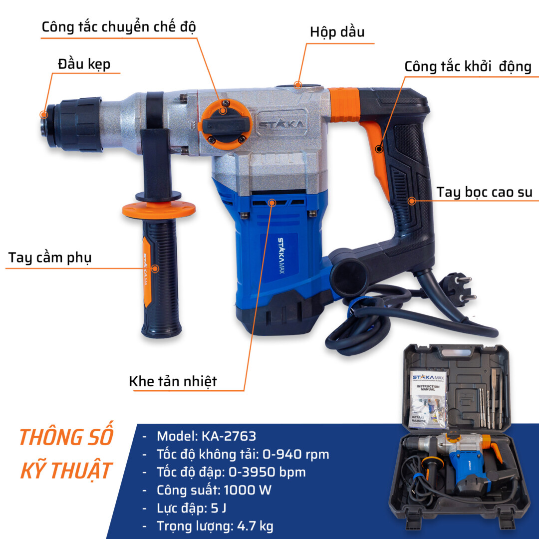 Thông số kỹ thuật chi tiết máy khoan đục 1000W/25mm STAKA