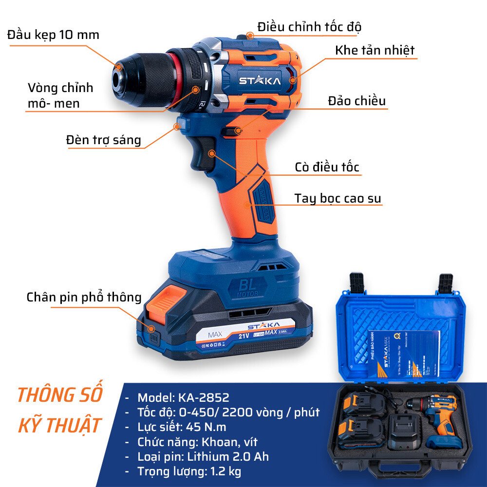 Thông số kỹ thuật máy khoan pin từ 45N.m đầu 10mm STAKA