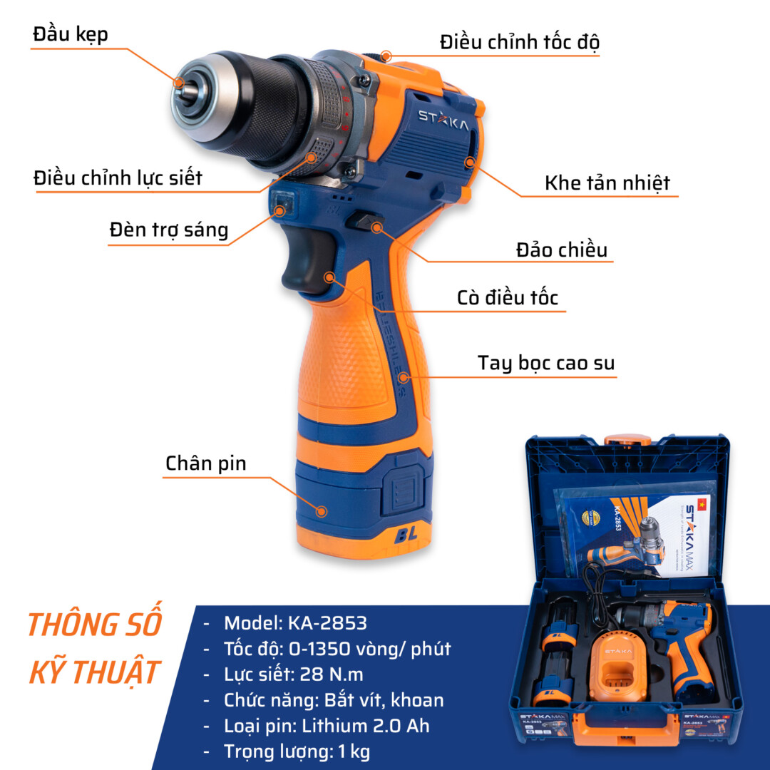 Thông số kỹ thuật máy khoan pin 16.8V STAKA