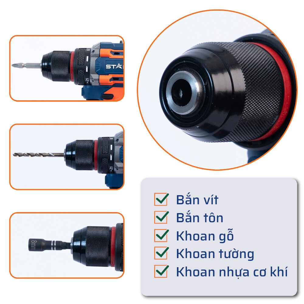 Chức năng máy khoan pin từ 45N.m đầu 10mm STAKA