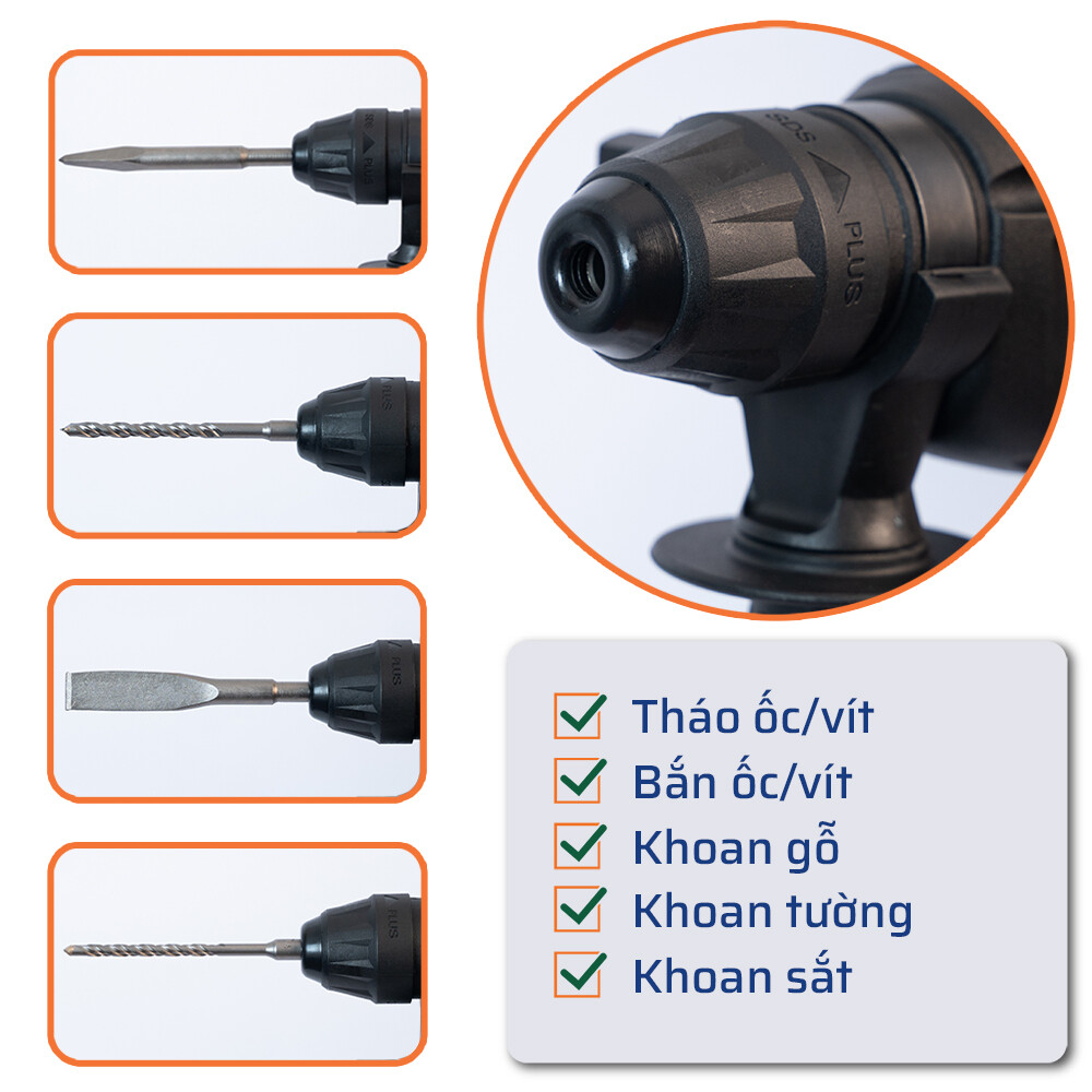 Chức năng máy khoan đục bê tông 3 chức năng 800W Kalos Max