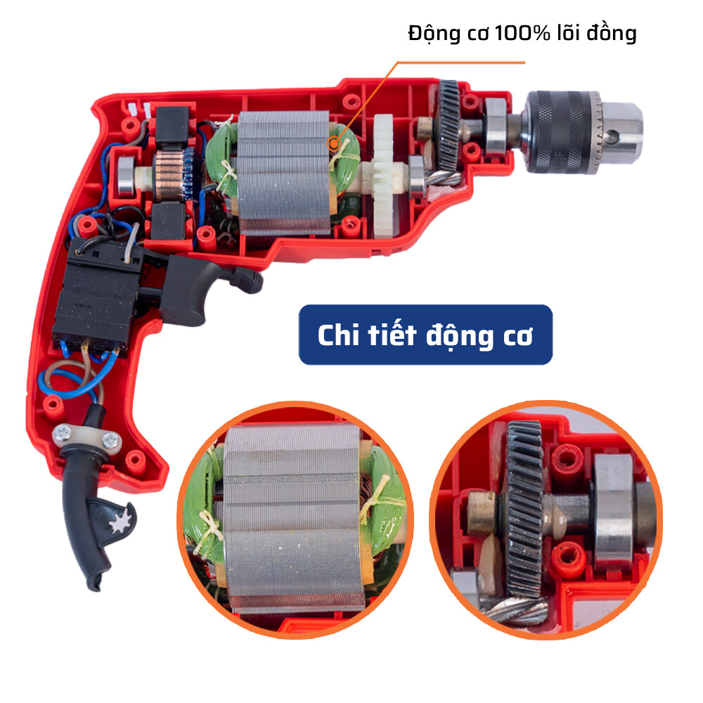 Cấu tạo bên ngoài ( động cơ) của máy khoan điện đầu 10mm - 400W KALOS MAX