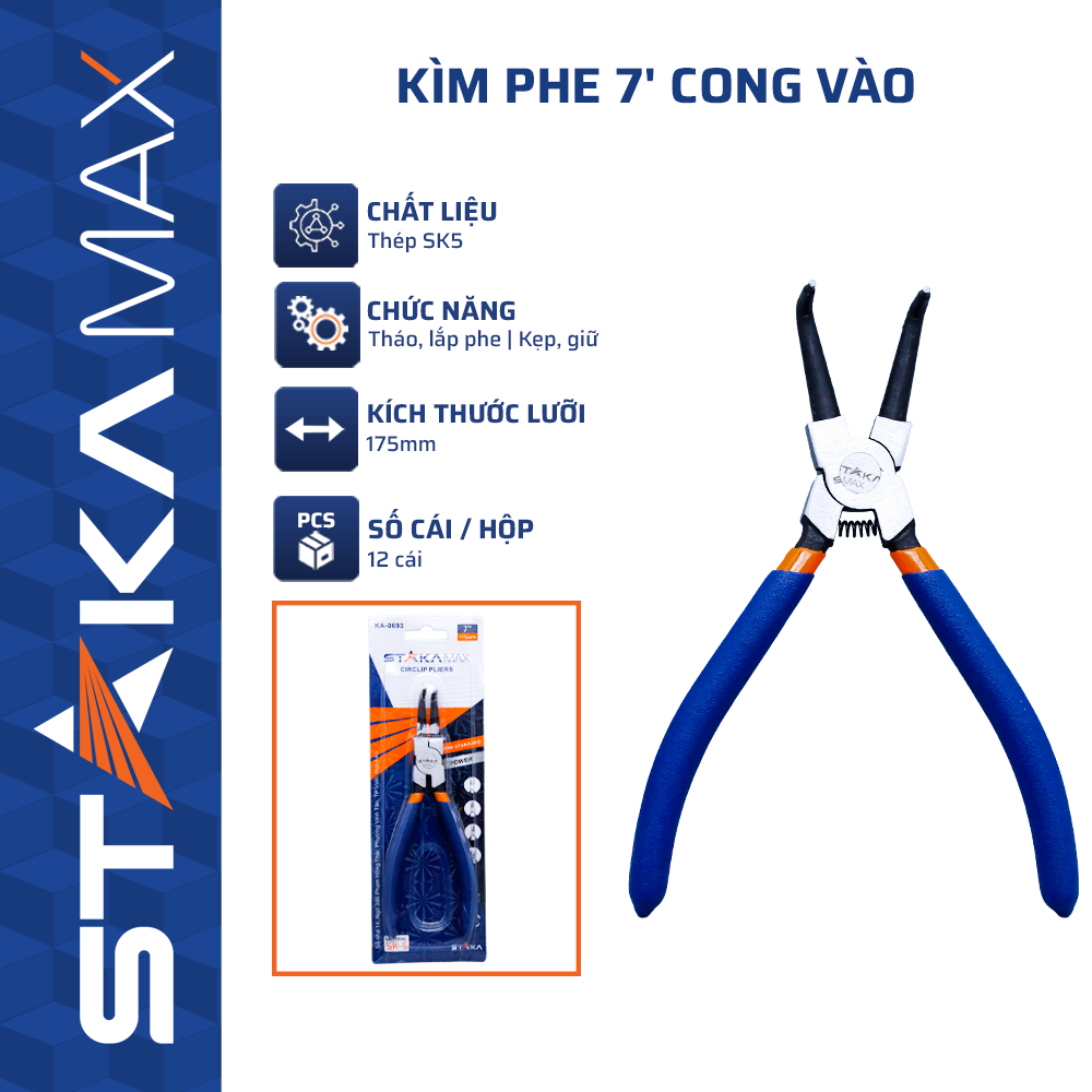 Kìm Phe 7” Cong Vào STAKAMAX (12C/H, 120C/T)-N1 – Cái – Thép SK5, Chuyên Dụng Cho Phe Trong