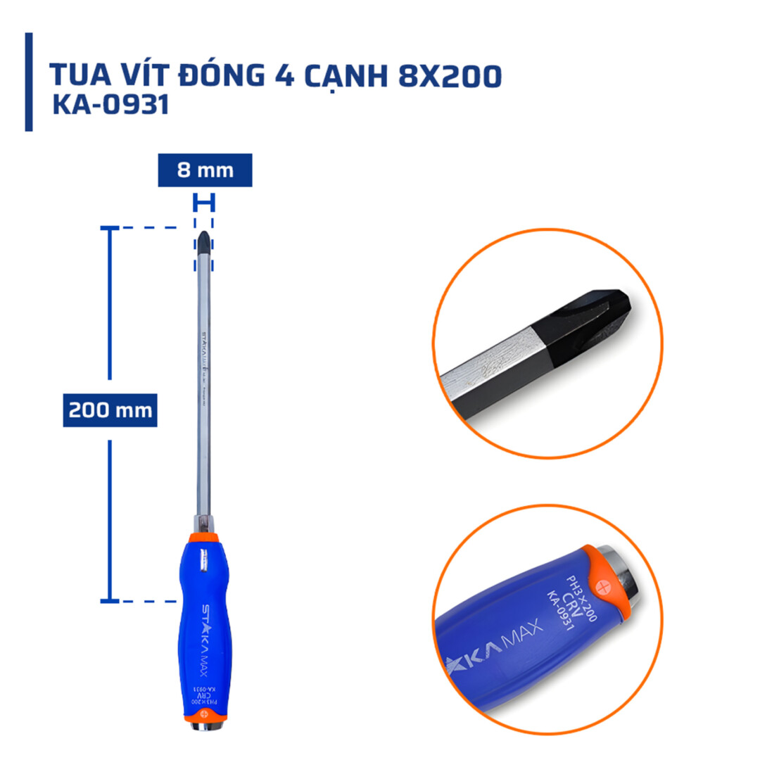 Thông số kỹ thuật chi tiết tua vít đóng 4 cạnh 8x200 STAKAMAX