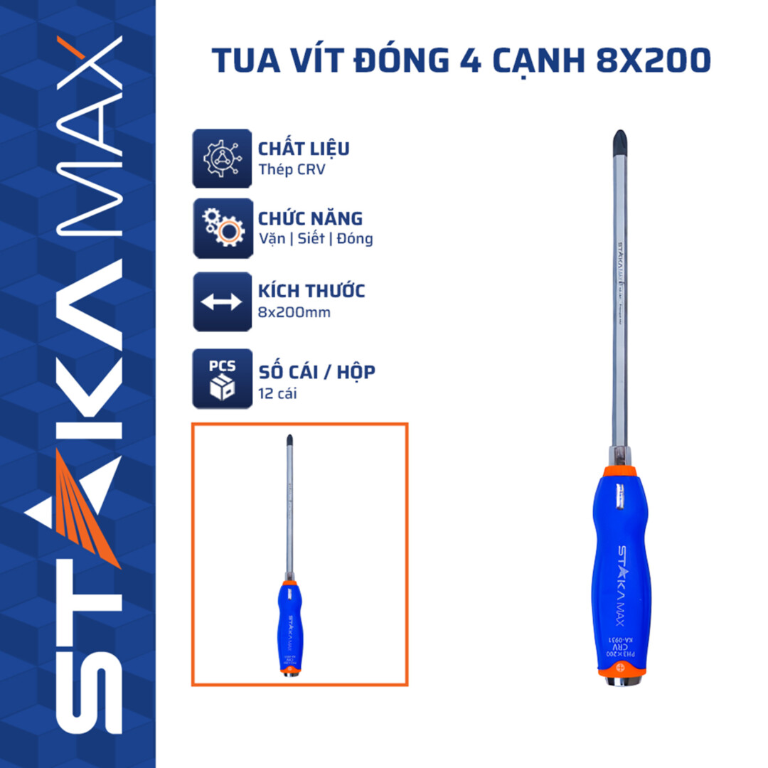 Tua vít đóng 4 cạnh 8×200 STAKAMAX (12C/H, 96C/T)-N3