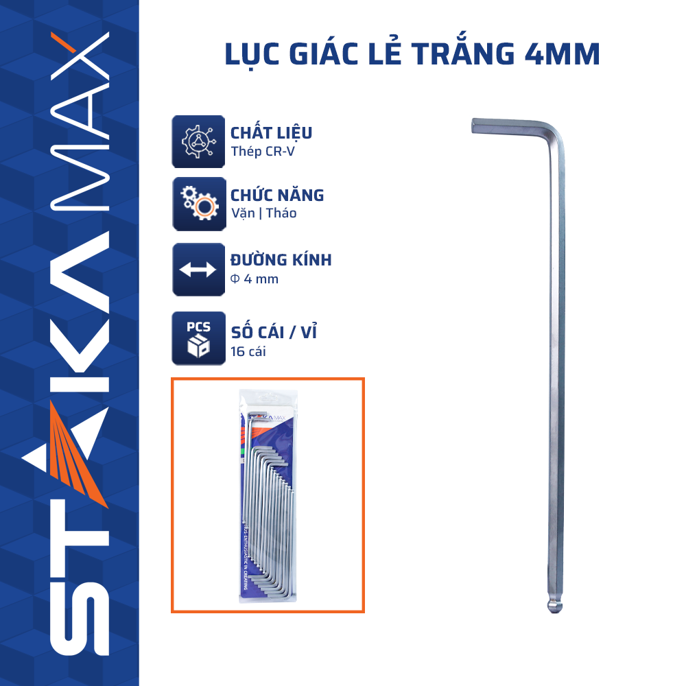 Lục giác lẻ trắng 4mm STAKAMAX (16C/V,96C/H,960C/T)-N1 – Tháo lắp tinh vi, giá tốt, chính hãng