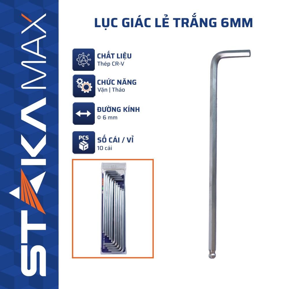 Lục giác lẻ trắng 6mm STAKAMAX (10C/V,50C/H,500C/T)-N1