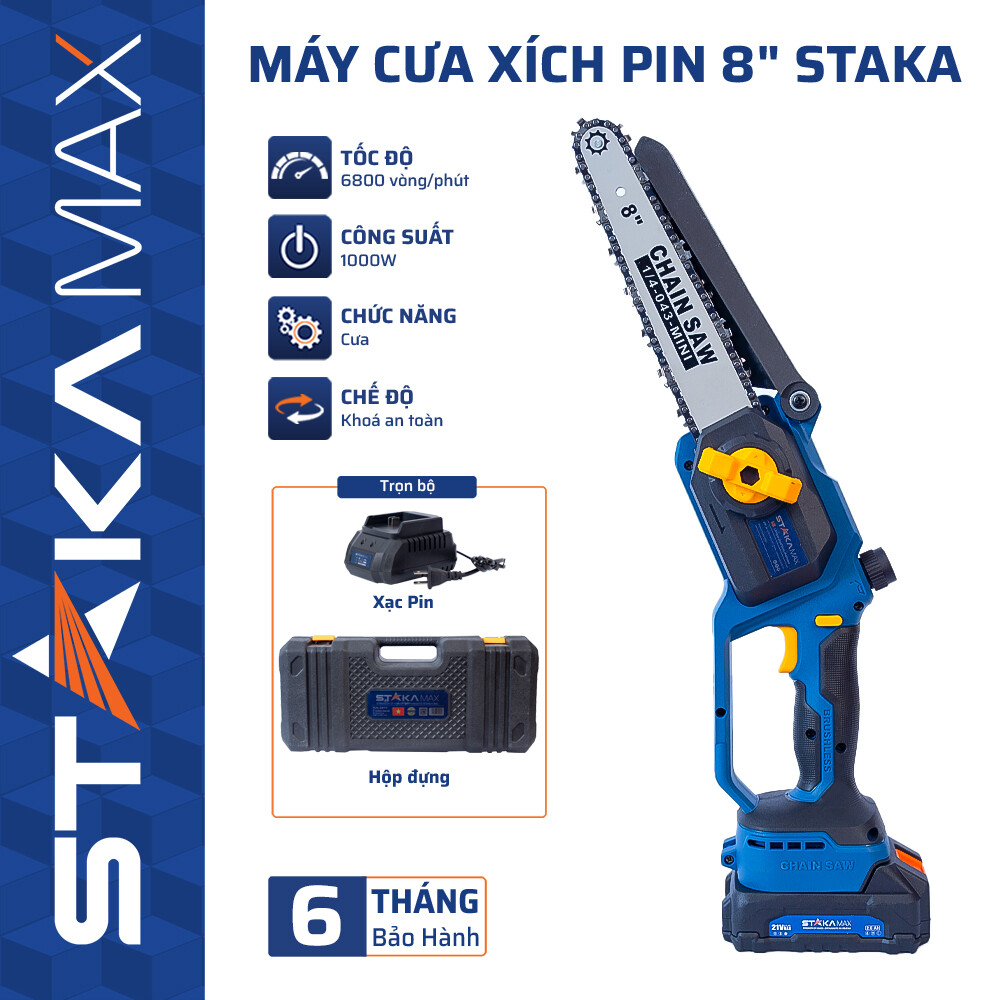 Máy Cưa Xích Pin 8’’ STAKA – Nhỏ Gọn,  Mạnh Mẽ, An Toàn và Tiện Lợi