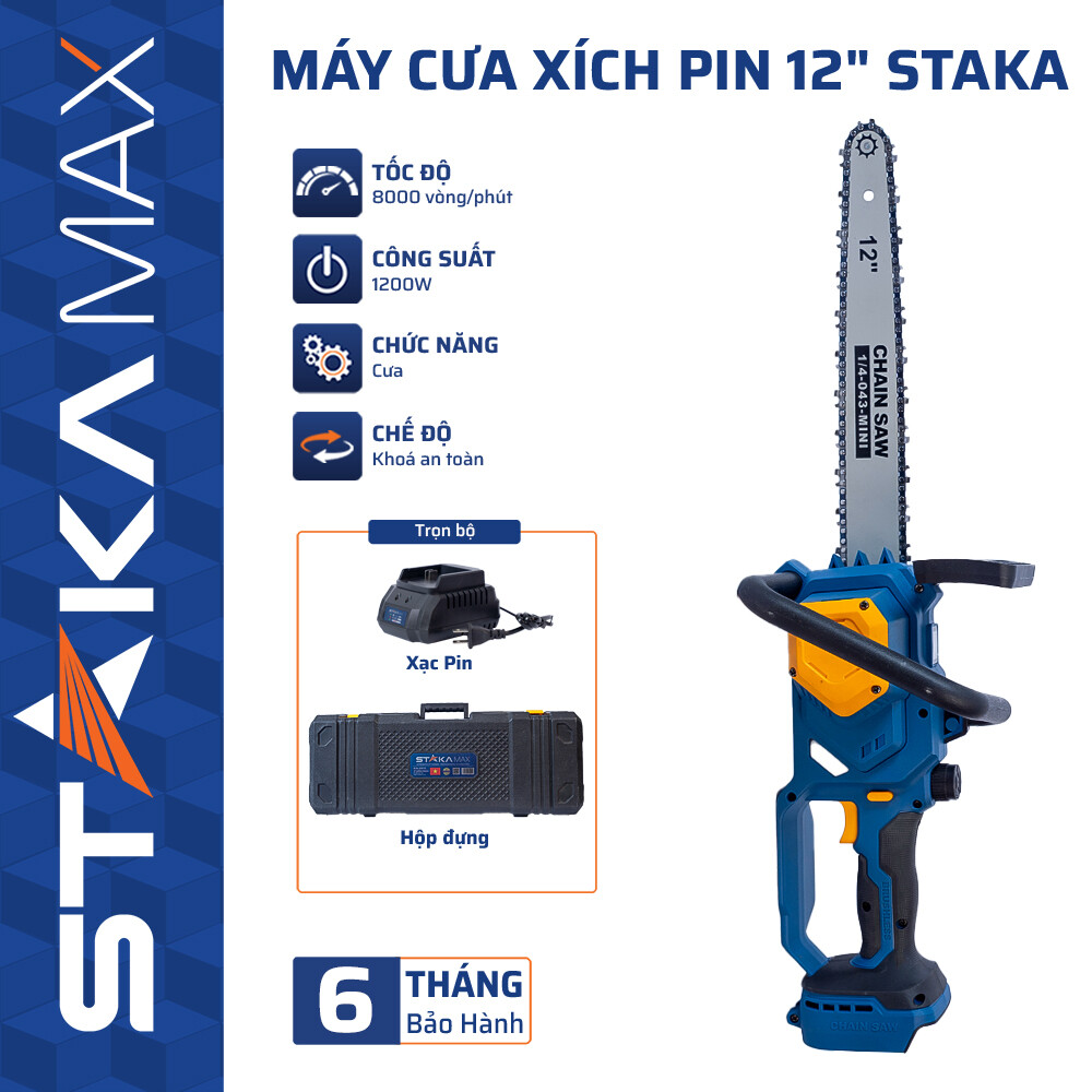 Máy Cưa Xích Pin 12″ STAKA (Không kèm pin) (1C/H, 4C/T)-M1 – Cắt Gỗ Mạnh Mẽ, An Toàn và Tiện Lợi
