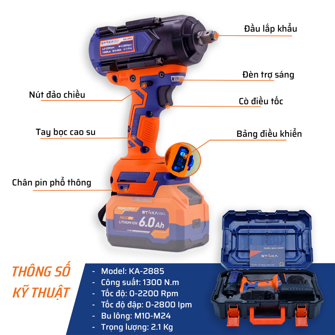 Thông số kỹ thuật máy tháo ốc pin 1300 N.m (Không kèm pin) STAKA 