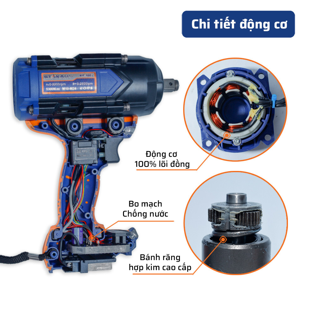 Cấu tạo bên trong (chi tiết động cơ) máy tháo ốc pin 1300 N.m (Không kèm pin) STAKA 