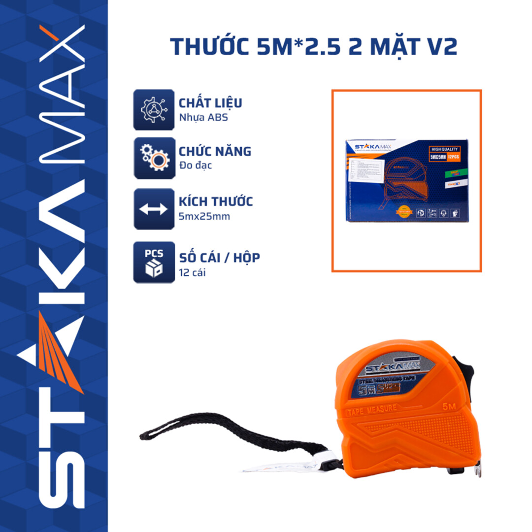 Thước Cuộn 5m×25mm 2 Mặt V2 STAKA MAX