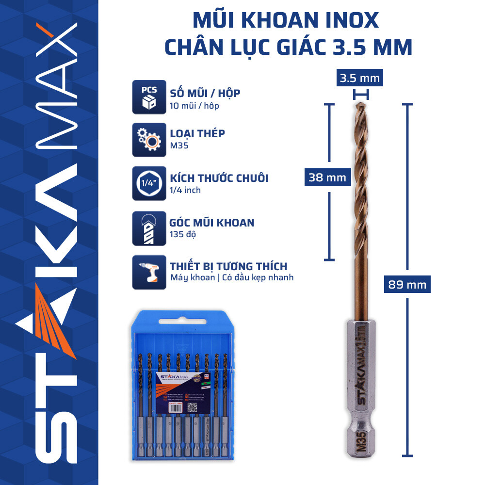 MŨI KHOAN INOX CHÂN LỤC GIÁC 3.5MM STAKAMAX KA-4973