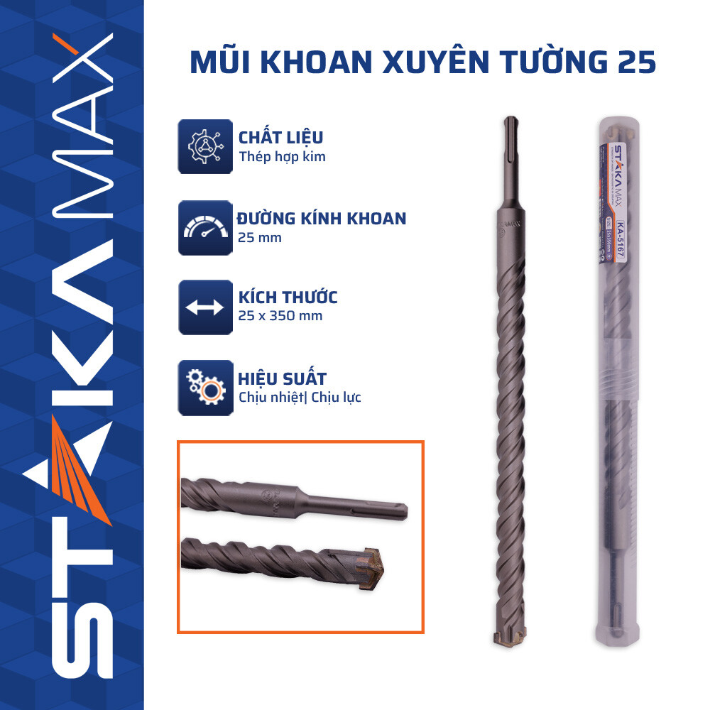 Đạt độ chính xác tối ưu: MŨI KHOAN XUYÊN TƯỜNG 25MM STAKAMAX KA-5167 dành cho vật liệu cứng