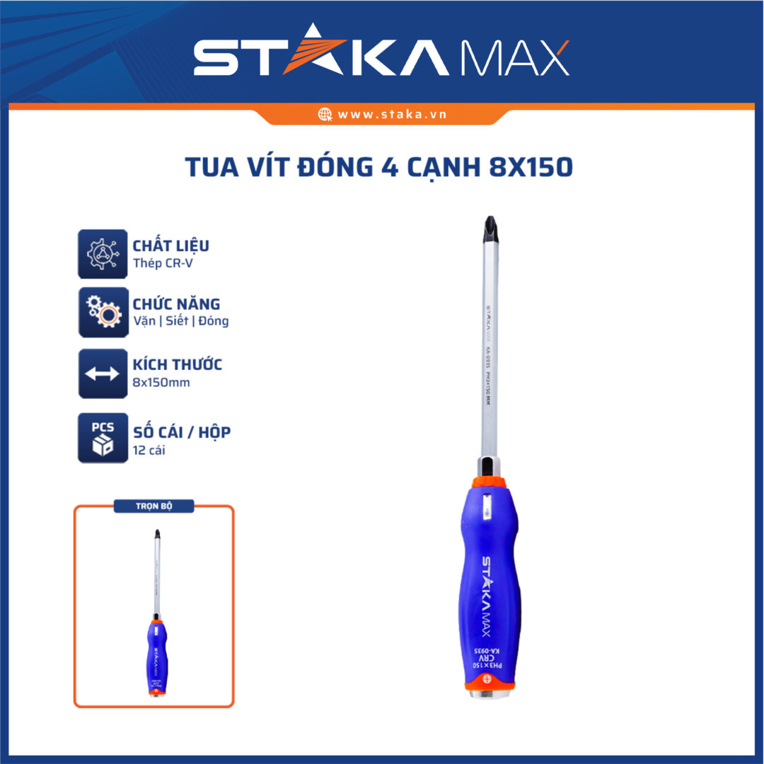 Tua vít đóng 4 cạnh 8x150mm STAKAMAX (12C/H; 96C/T)