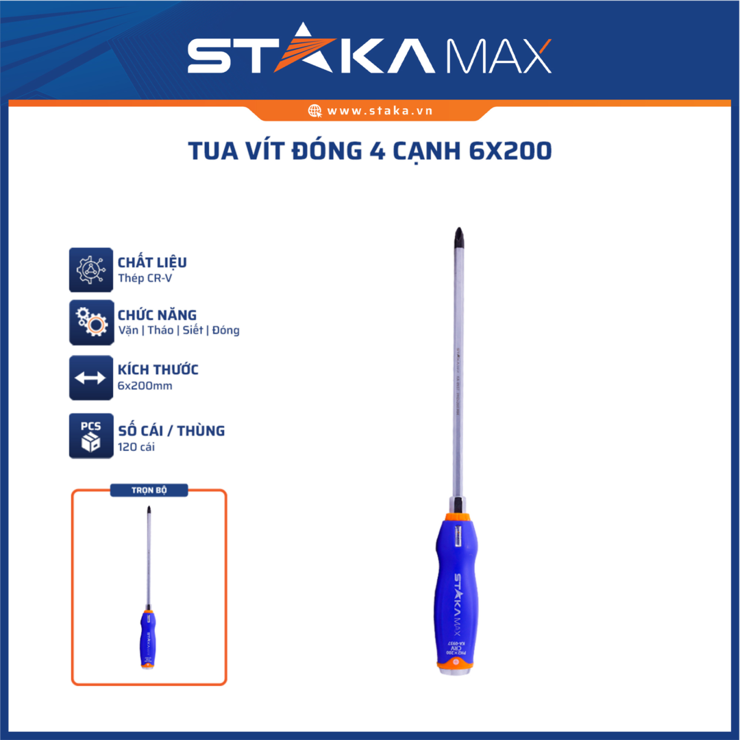 Tua vít đóng 4 cạnh 6x200mm STAKAMAX (120C/T)